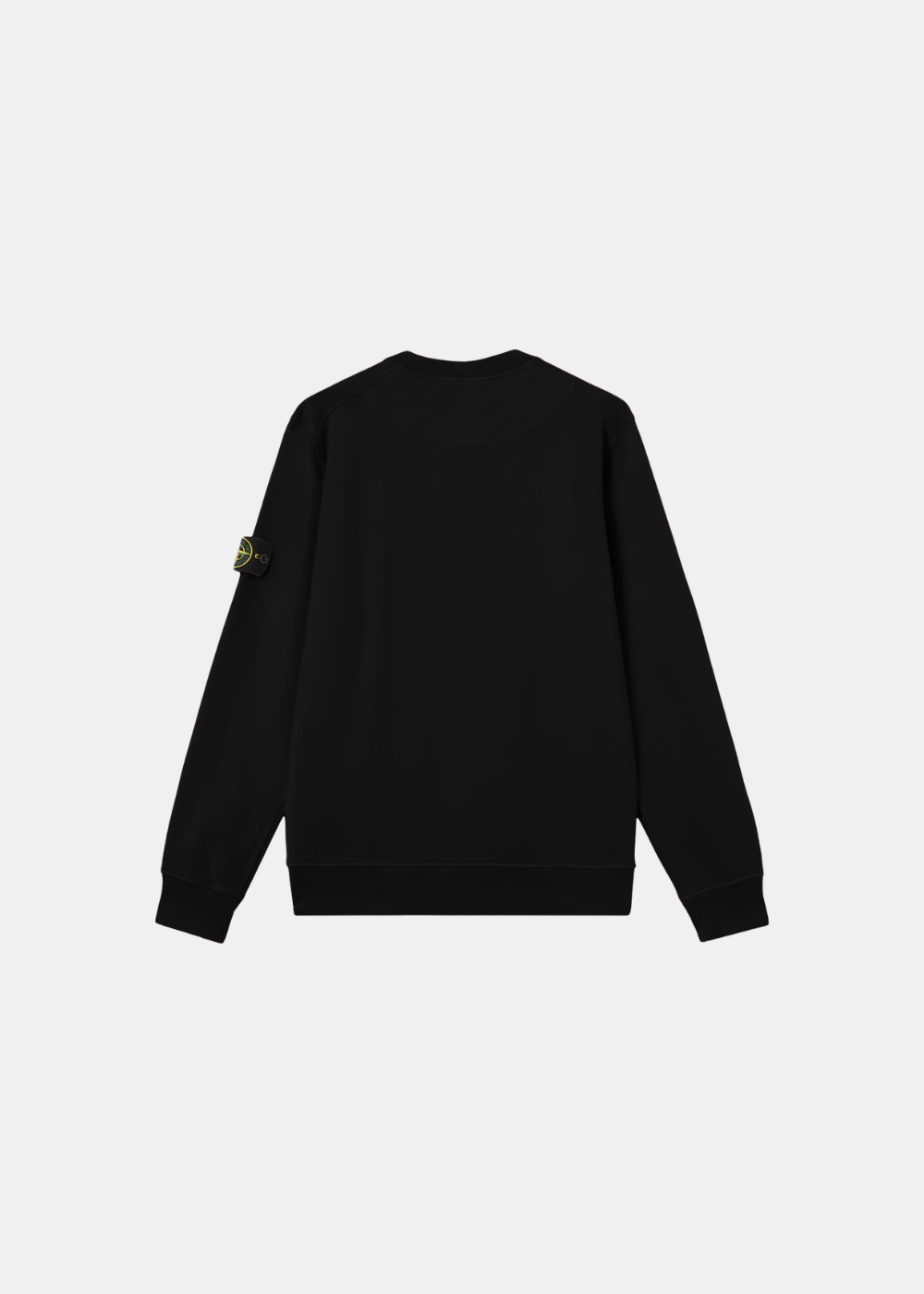 Packshot de dos d'un sweat noir en molleton Stone Island montrant la coupe classique et les finitions unies.