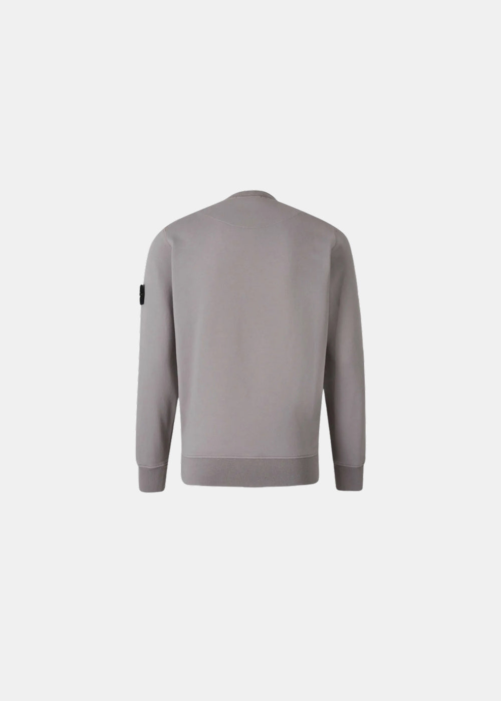 Packshot de dos d'un sweat-shirt gris Stone Island en coton bio, montrant la coupe regular, le col rond et l'ourlet côtelé.