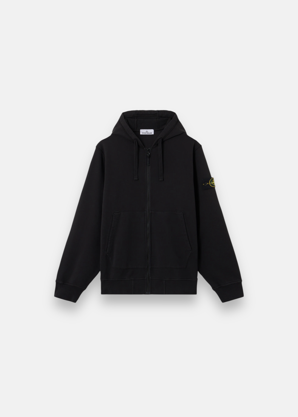 Sweat zippé Stone Island noir pour homme, capuche et cordon de serrage, badge sur la manche, en molleton de coton.