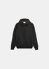 Packshot à plat de face du sweat zippé à capuche Gertrude noir avec emmanchures raglan et finitions bord-côte