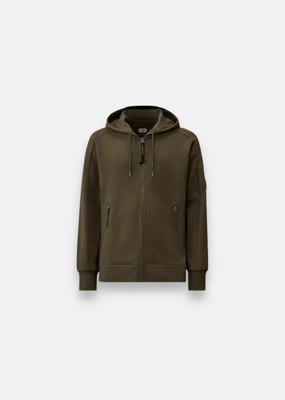 Sweat-shirt zippé kaki C.P. Company avec capuche ajustable et poche Lens sur la manche gauche.