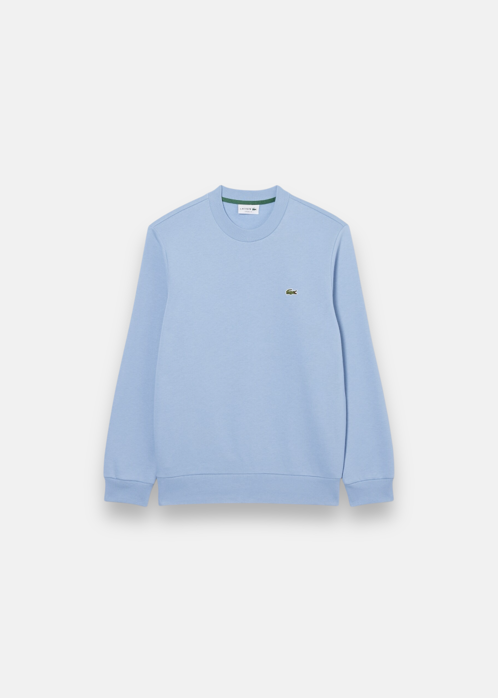 Sweatshirt bleu clair Lacoste pour homme en molleton de coton biologique vue de face sur fond blanc.