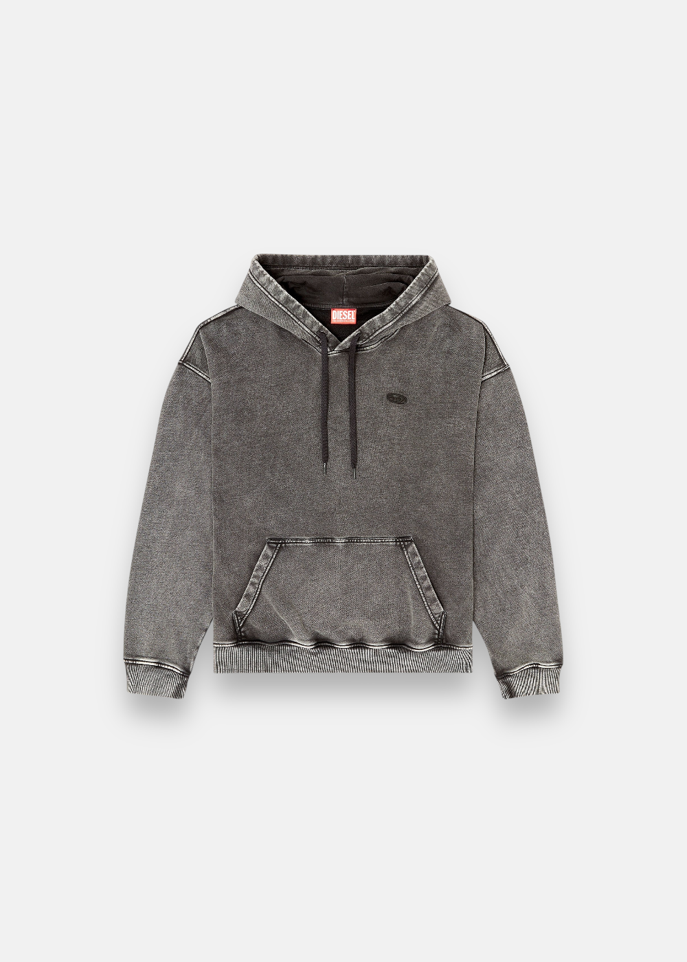 cette photo montre le sweatshirt diesel logo dans le dos s-boxt den hood a plat sur fond blanc. On aperçois bien les détails de la couleur grise acid wash