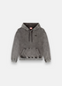 cette photo montre le sweatshirt diesel logo dans le dos s-boxt den hood a plat sur fond blanc. On aperçois bien les détails de la couleur grise acid wash
