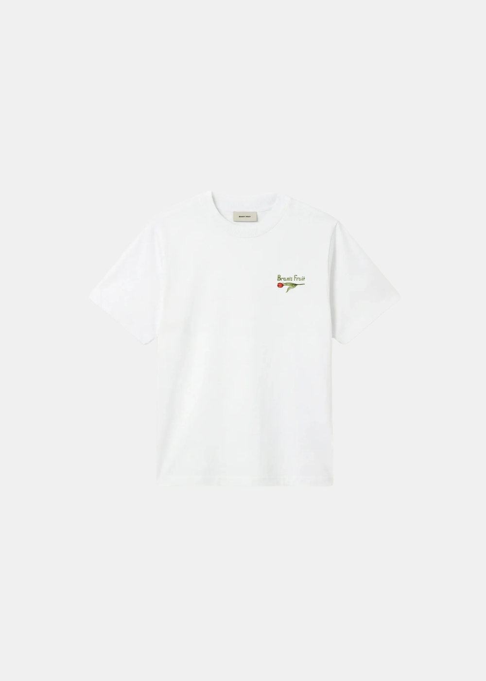 Packshot de face du t-shirt blanc Bram’s Fruit en coton lourd 300 GSM avec sérigraphie poitrine.