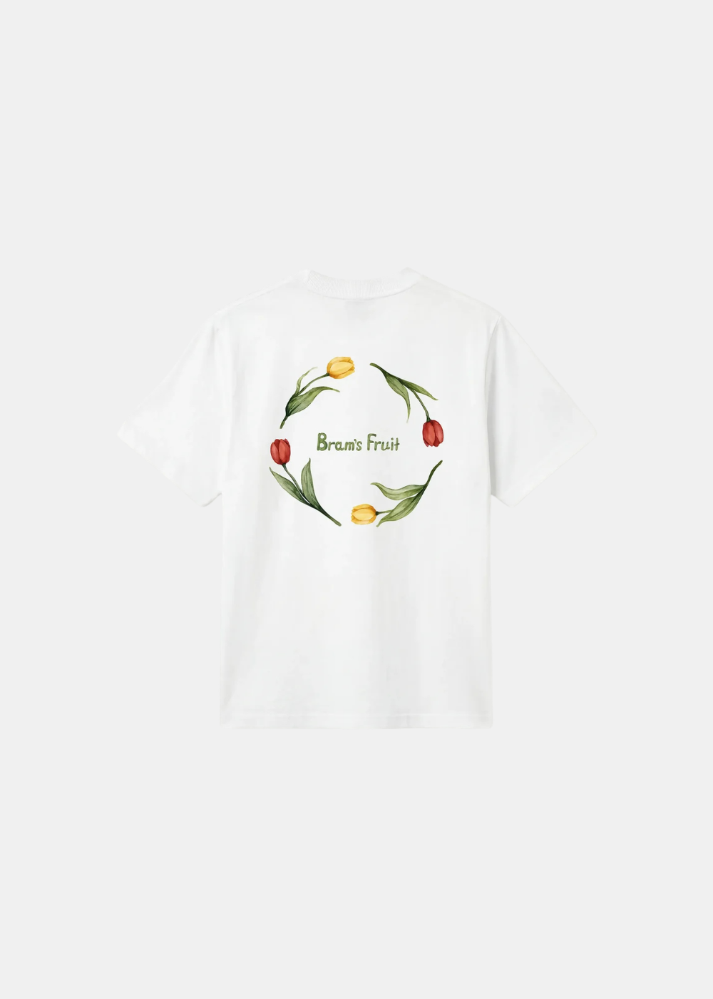 Packshot du t-shirt blanc Flora 2.0 Bram’s Fruit montrant le visuel circulaire de tulipes rouges et jaunes.
