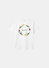 Packshot du t-shirt blanc Flora 2.0 Bram’s Fruit montrant le visuel circulaire de tulipes rouges et jaunes.