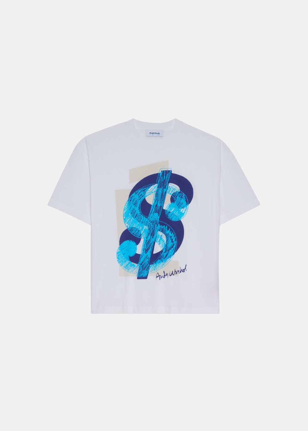 T-shirt blanc Études Studio en collaboration avec la fondation Andy Warhol, arborant le motif Dollar Sign bleu avec signature.