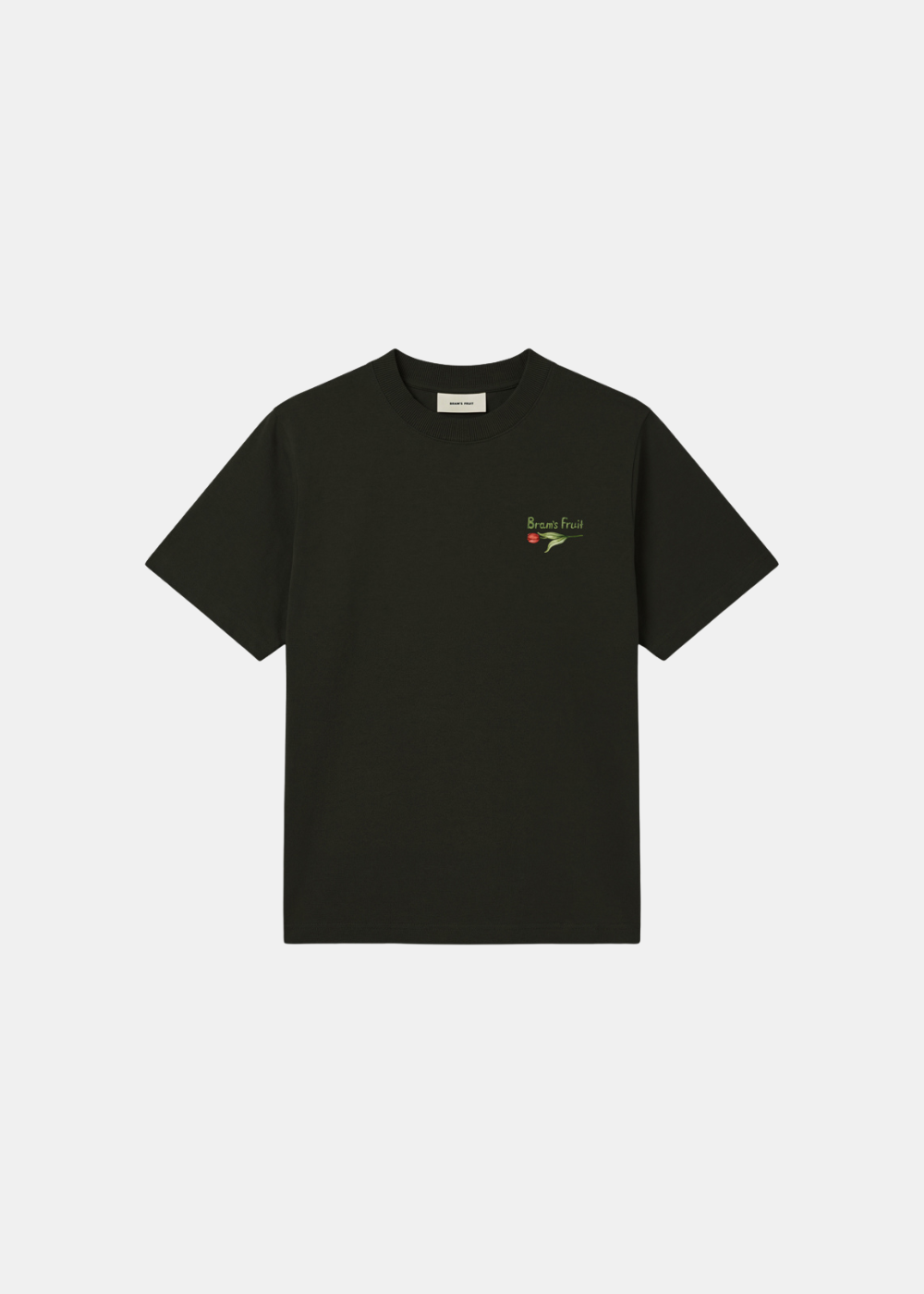 Packshot de face du t-shirt noir Bram’s Fruit en coton lourd 300 GSM avec sérigraphie poitrine.