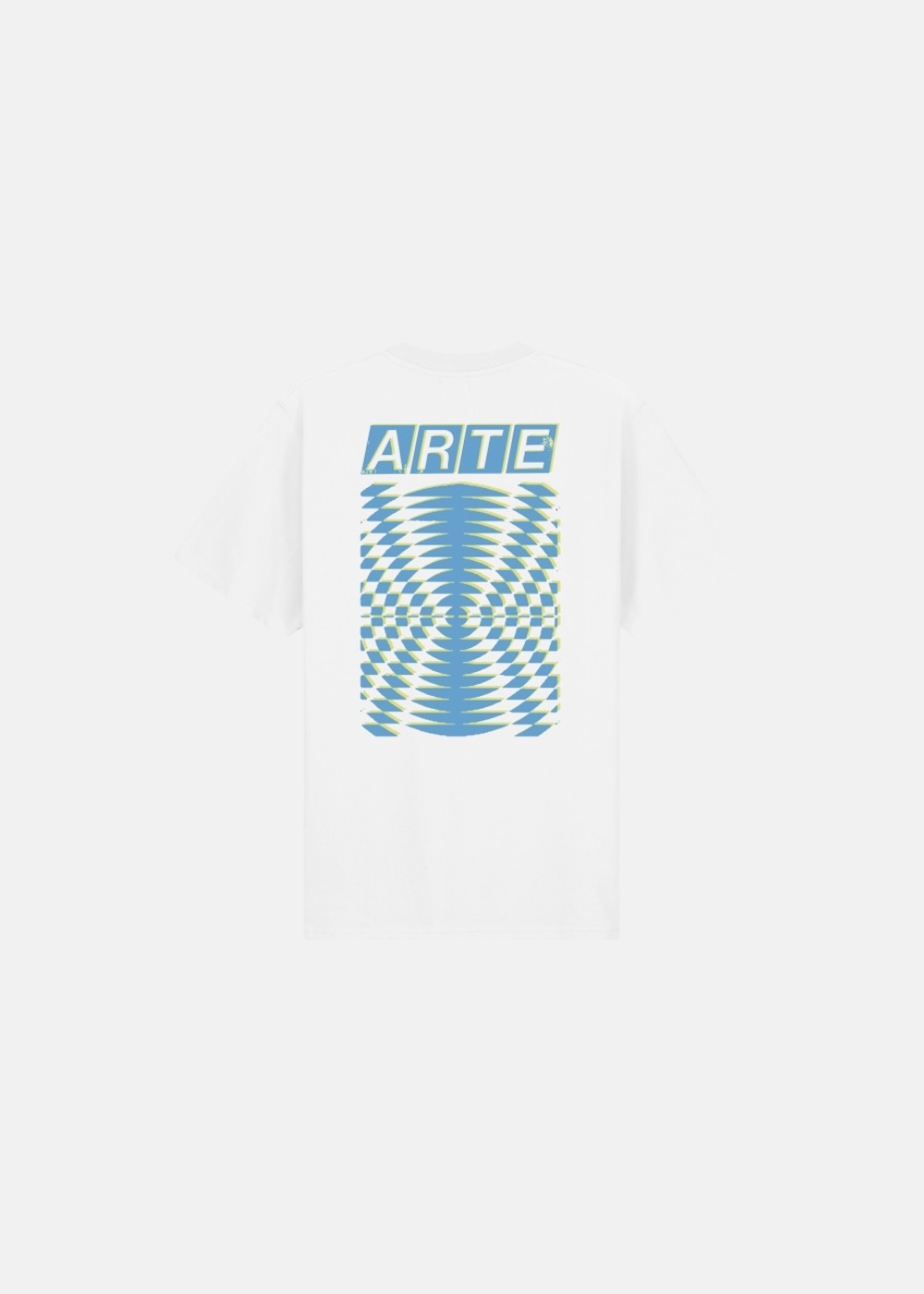 T-shirt blanc Arte Antwerp avec grand graphique abstrait bleu et jaune et logo au dos.