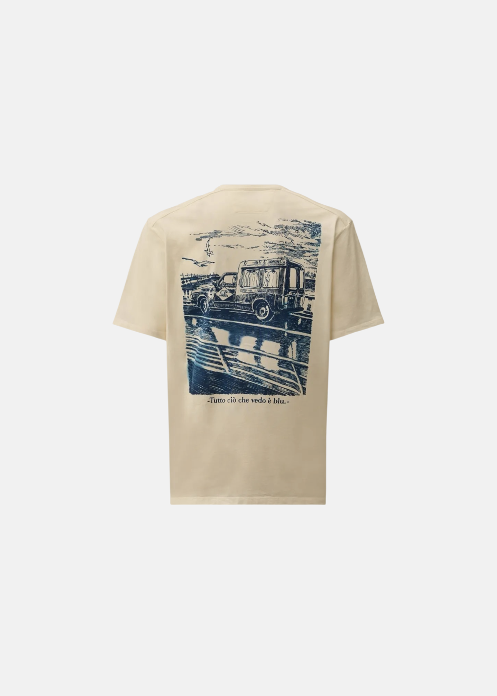 Dos du t-shirt blanc C.P. Company avec grande illustration bleue d'un véhicule et texte Tutto Blu.