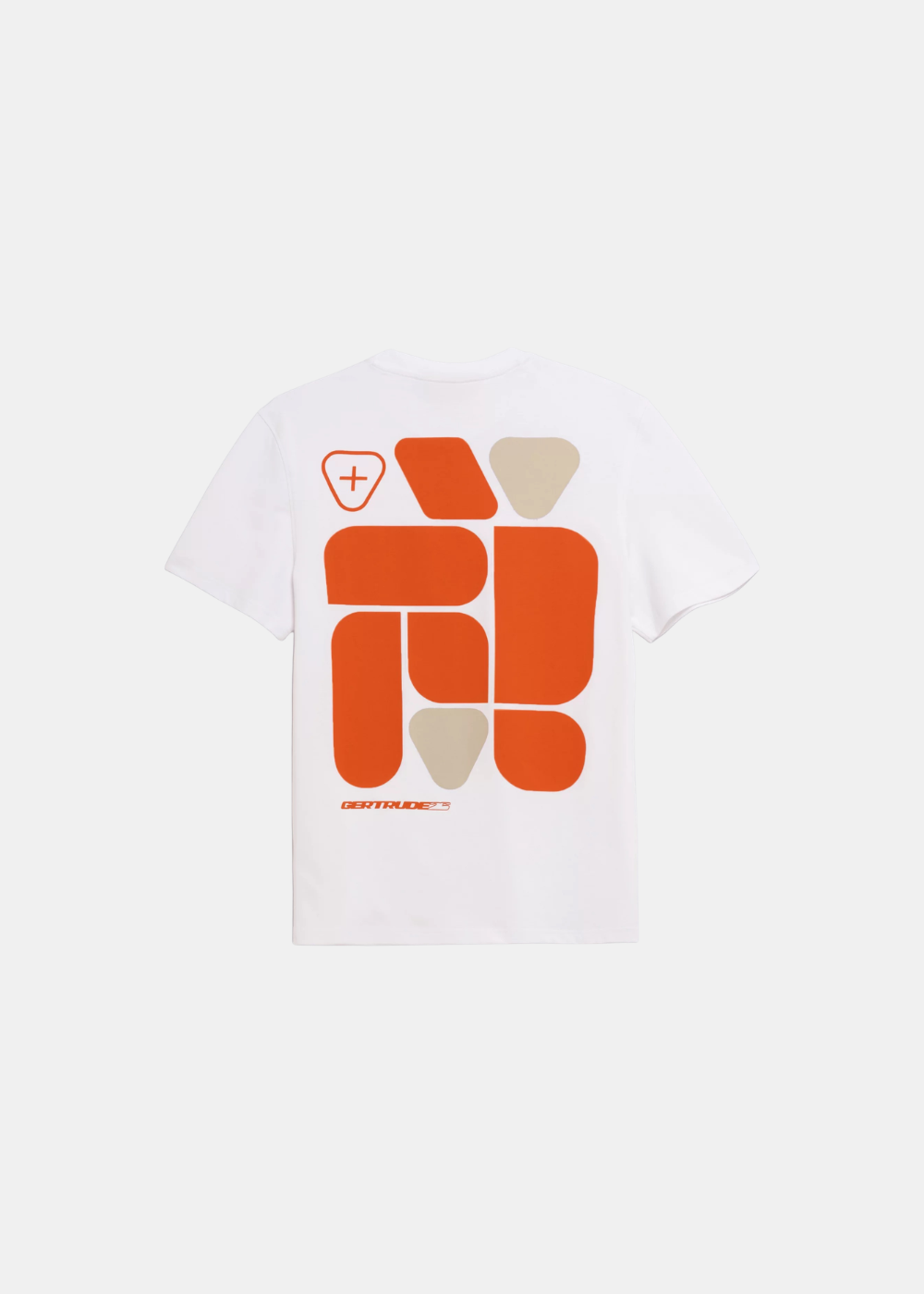 T-shirt pour homme blanc Gertrude avec grand imprimé géométrique orange et beige au dos, vue arrière