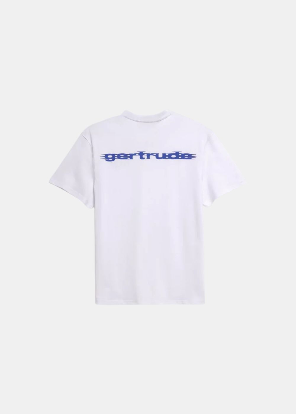 T-shirt blanc à manches courtes posé à plat, vue de dos, affichant l'imprimé graphique bleu Gertrude étiré sur les omoplates.