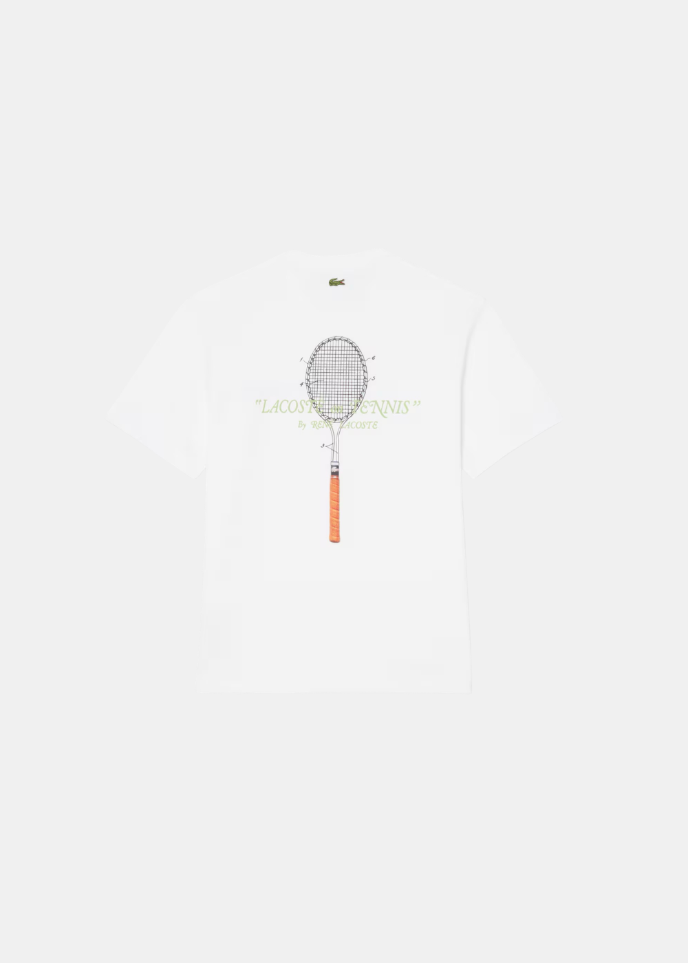 Vue arrière du t-shirt blanc Lacoste montrant la coupe droite et le col rond en bord-côte sur fond blanc.