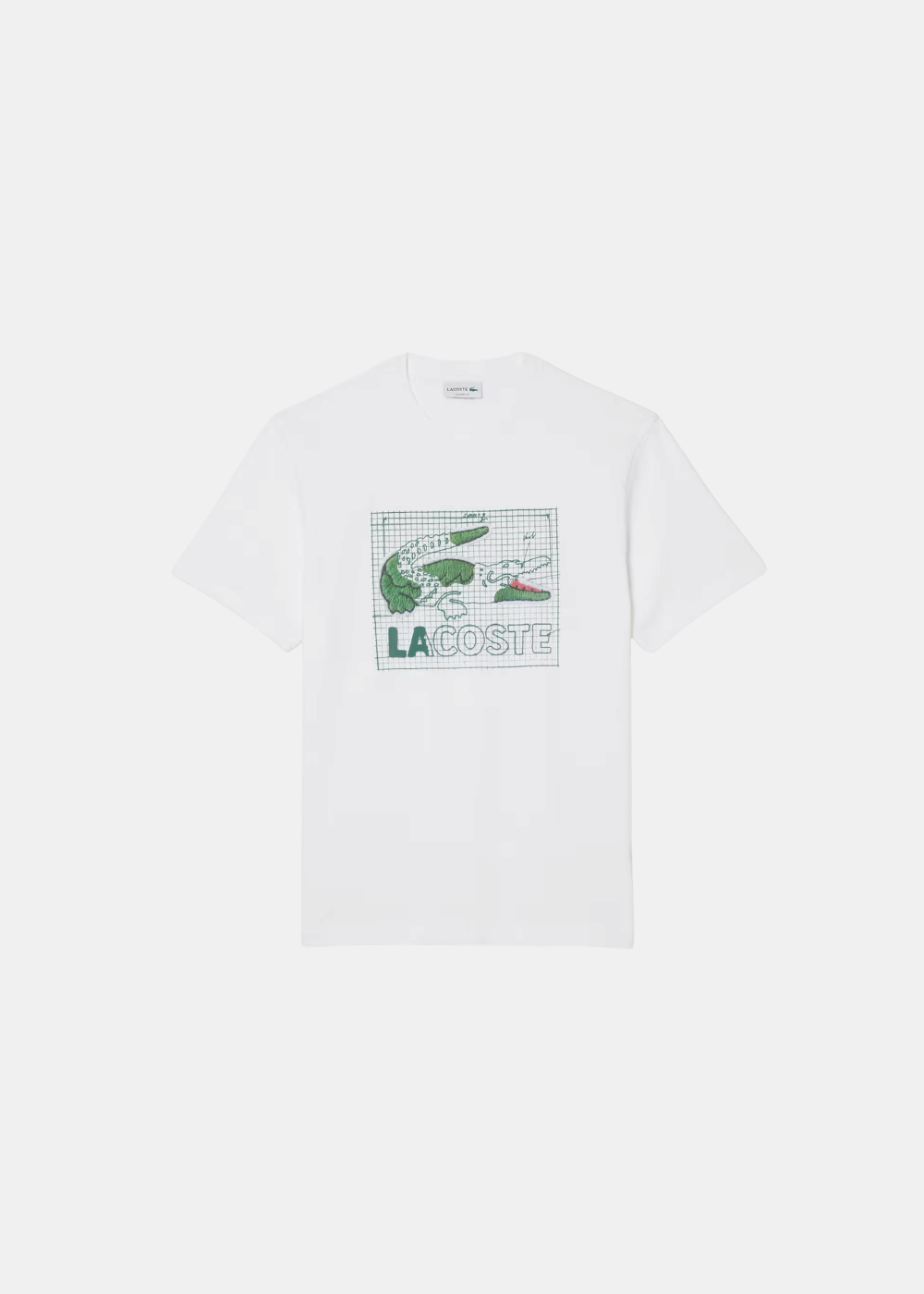 Packshot de face du t-shirt blanc Lacoste affichant l'imprimé crocodile style croquis sur fond blanc