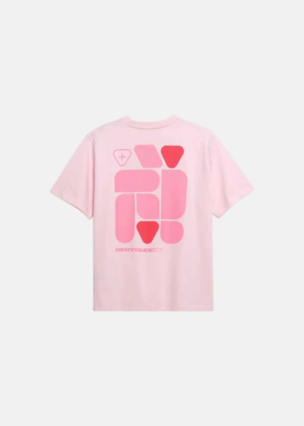 T-shirt pour homme blanc Gertrude avec grand imprimé géométrique rose et beige au dos, vue arrière