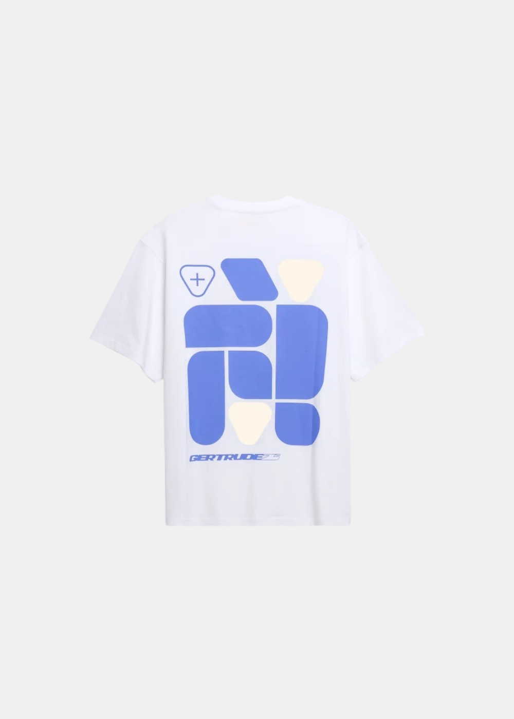 T-shirt pour homme blanc Gertrude avec grand imprimé géométrique bleu saphir et beige au dos, vue arrière