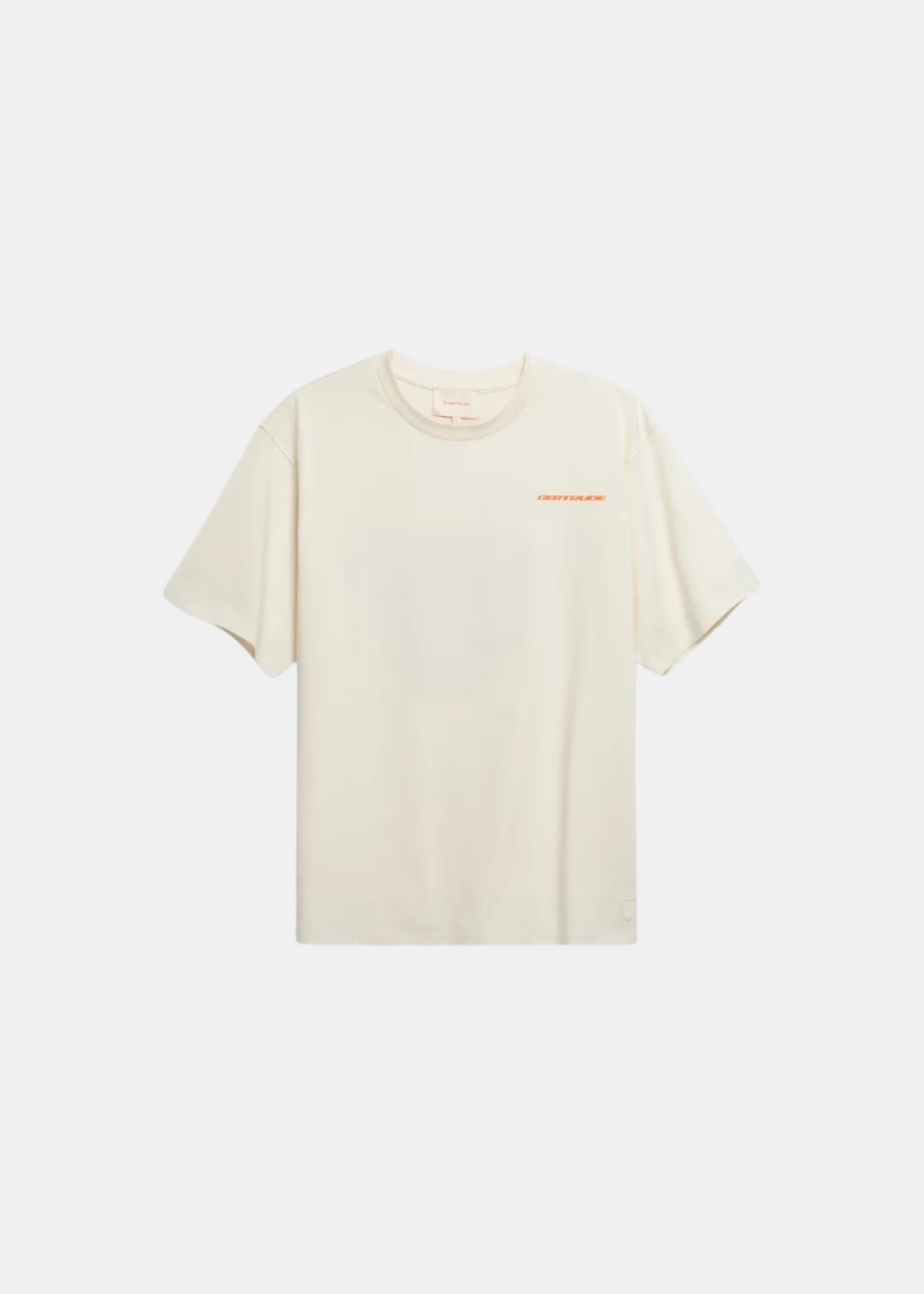Packshot de face du t-shirt écru col rond Gertrude Leonce avec un petit logo imprimé orange sur la poitrine.