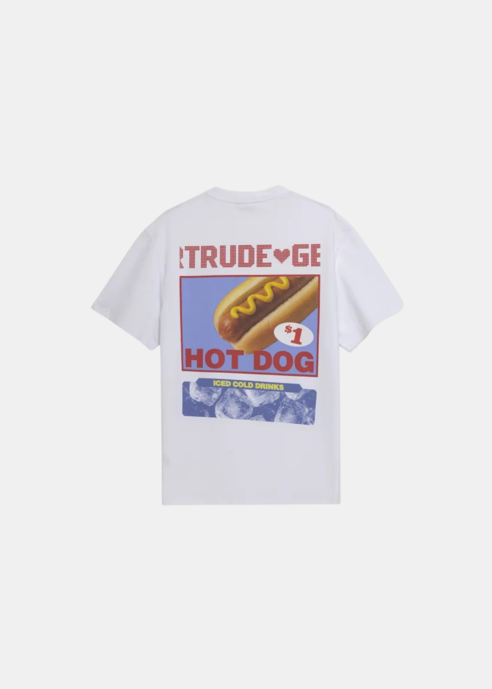 T-shirt Homme Gertrude Leon blanc avec grand imprimé graphique Hotdog style rétro au dos