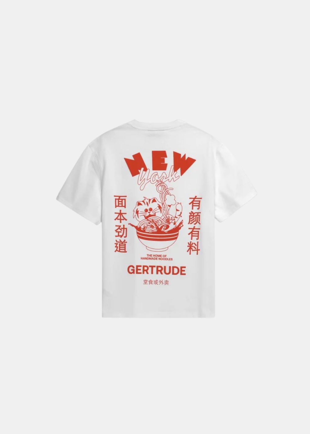 T-shirt Homme Gertrude Leonny blanc avec grand imprimé sérigraphié rouge New York au dos