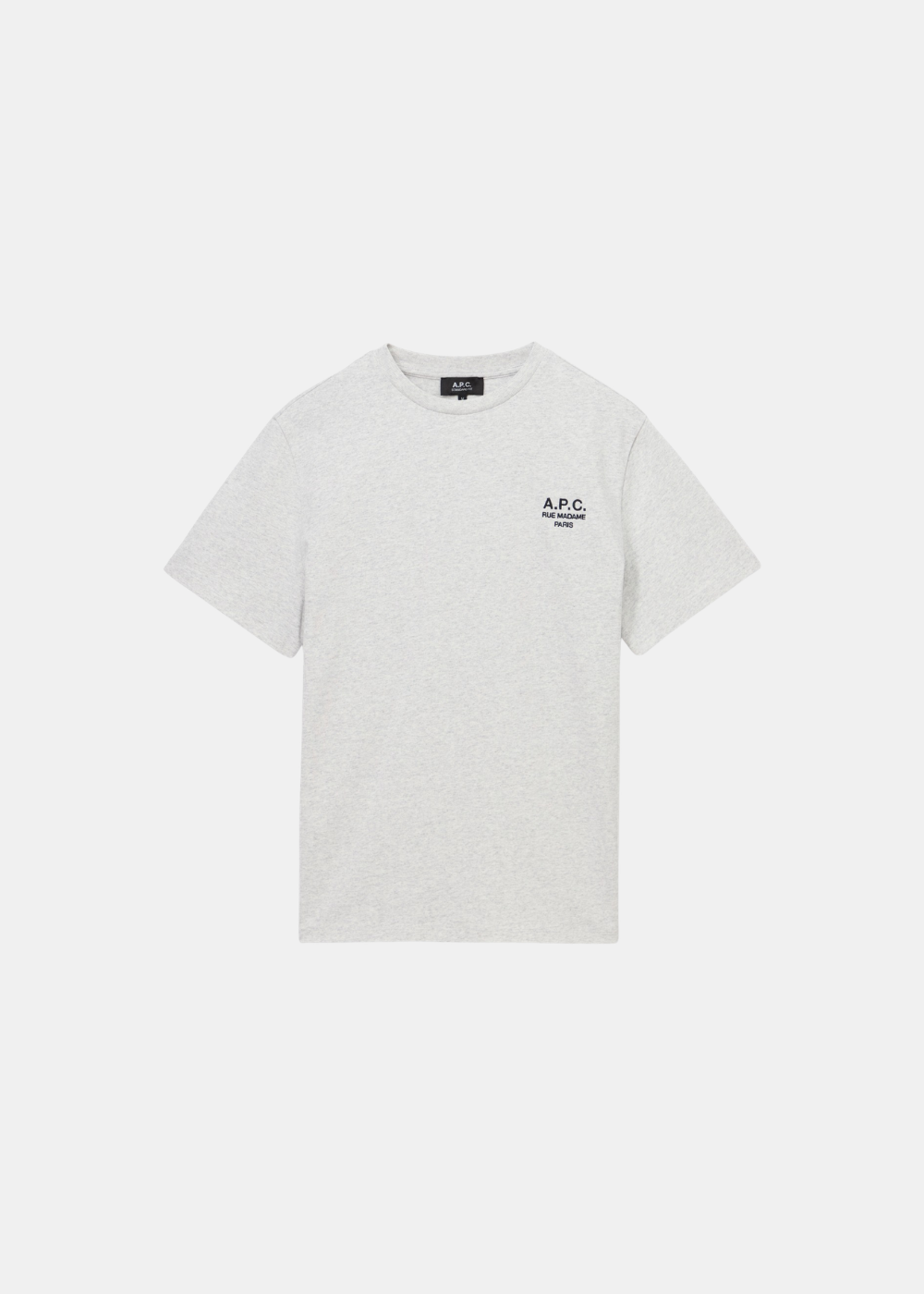 T-shirt standard gris APC avec logo noir Rue Madame Paris imprimé sur la poitrine, présenté à plat