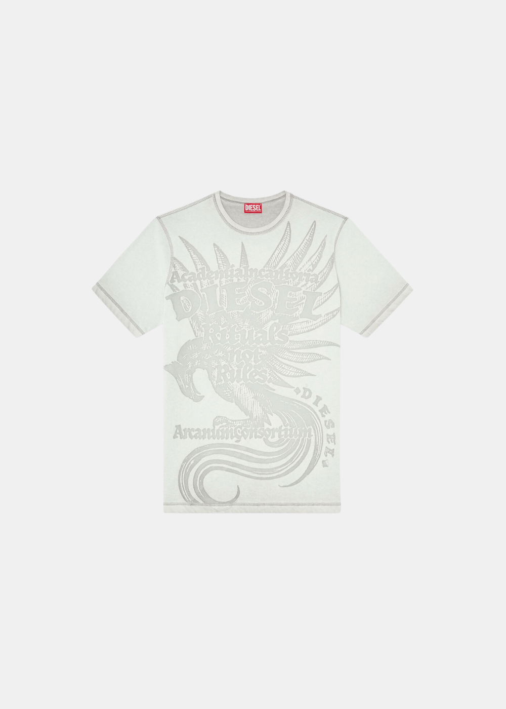 Packshot de face du t-shirt gris clair Diesel à manches courtes, mettant en valeur l'imprimé graphique phénix.