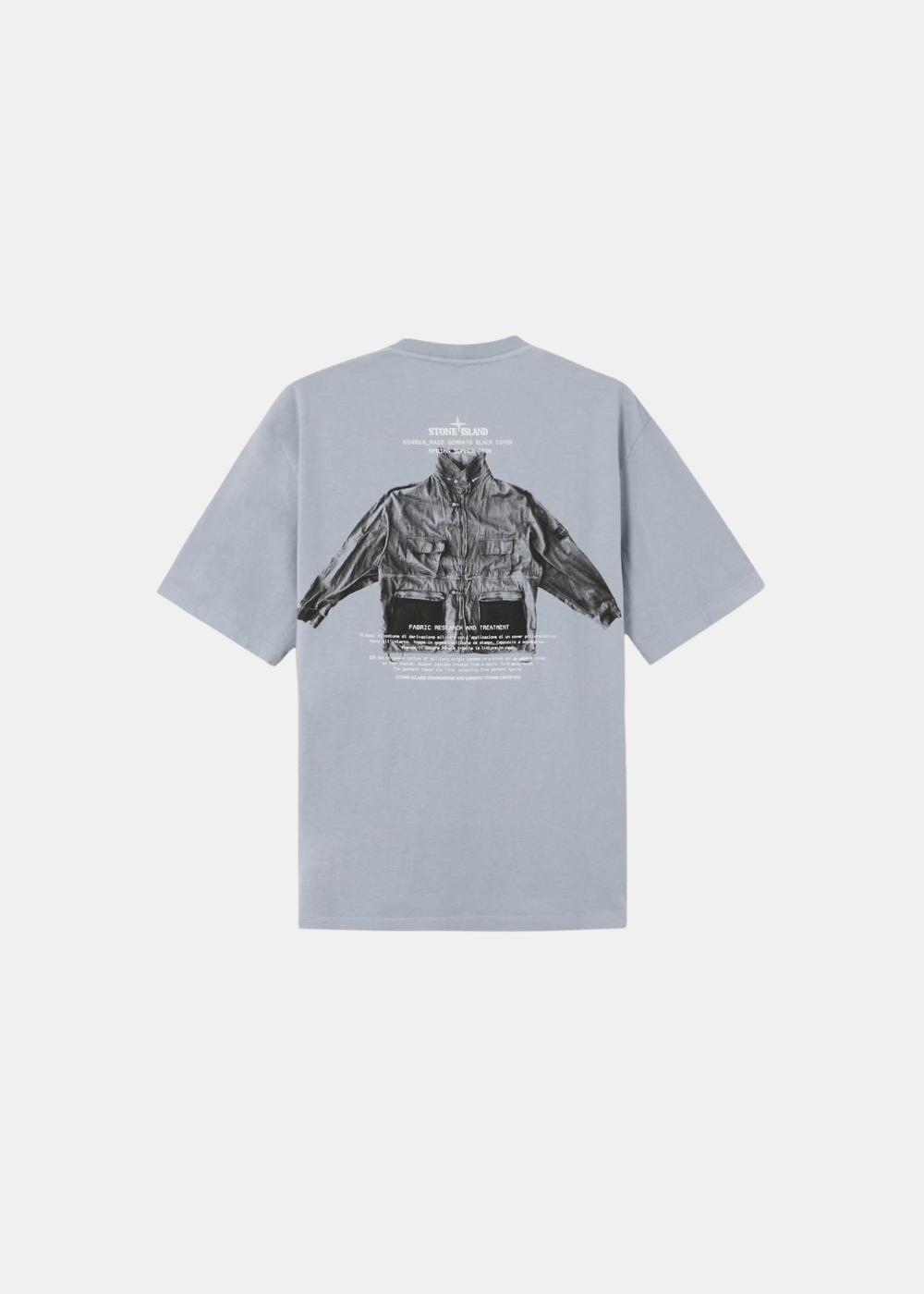 T-shirt gris à manches courtes posé à plat, vue de dos (4.jpg), avec une grande illustration imprimée en noir et blanc de la veste Raso Gommato et son texte descriptif.