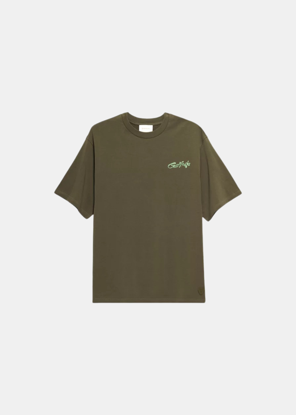 T-shirt pour homme kaki Gertrude Leonce avec petit logo fleur Daisy blanc sur la poitrine, vue de face