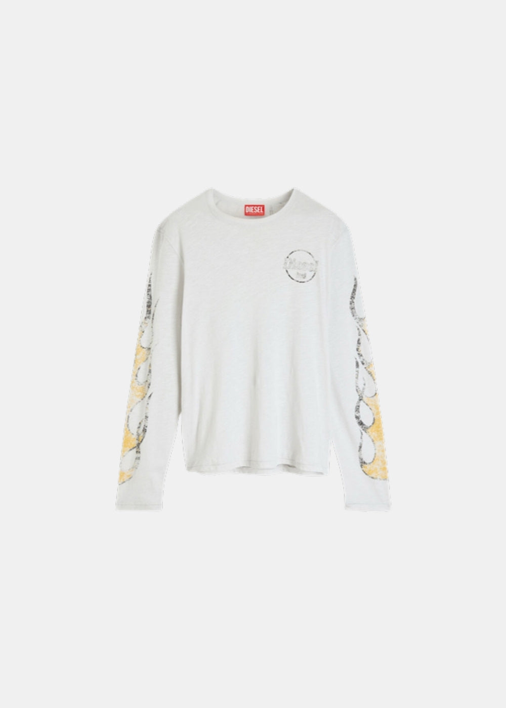 Packshot de face d'un T-shirt manches longues Diesel gris avec logo poitrine et graphismes craquelés sur les manches.