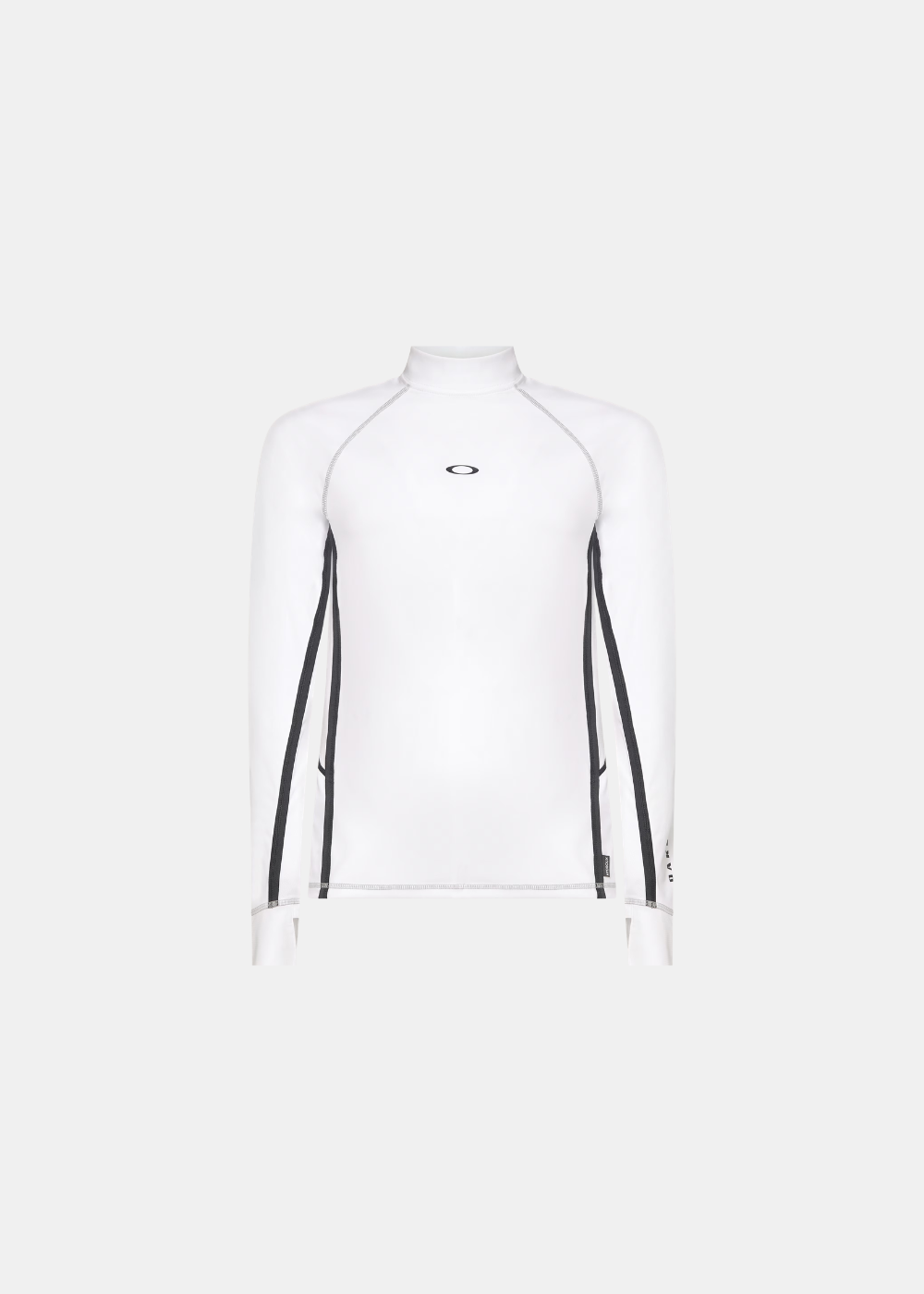 Haut de maillot de corps ou rashguard blanc Oakley Performance à manches longues, coupe ajustée, col montant et coutures contrastées noires, présenté à plat de face.