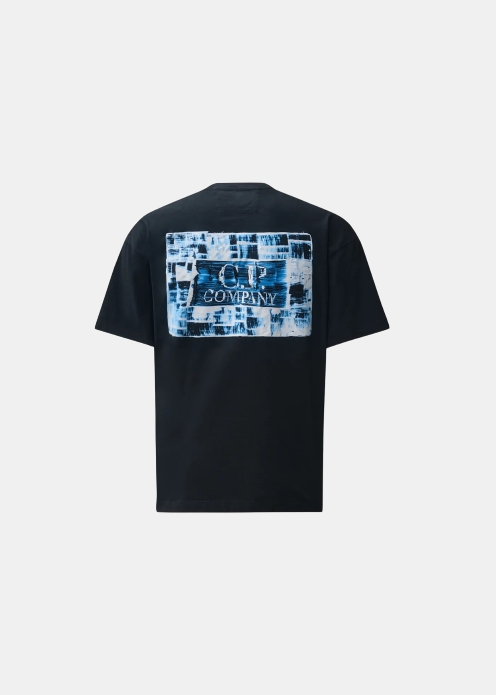 T-shirt homme noir en jersey de coton CP Company vu de dos avec grand imprimé graphique logo brossé bleu et blanc