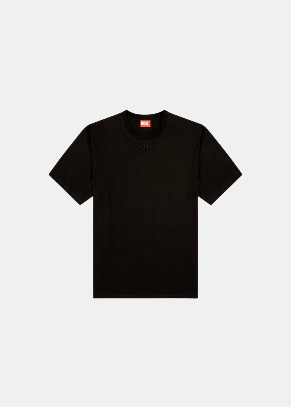 T-shirt noir Diesel à coupe droite avec le mini logo brodé sous le col, présenté à plat de face
