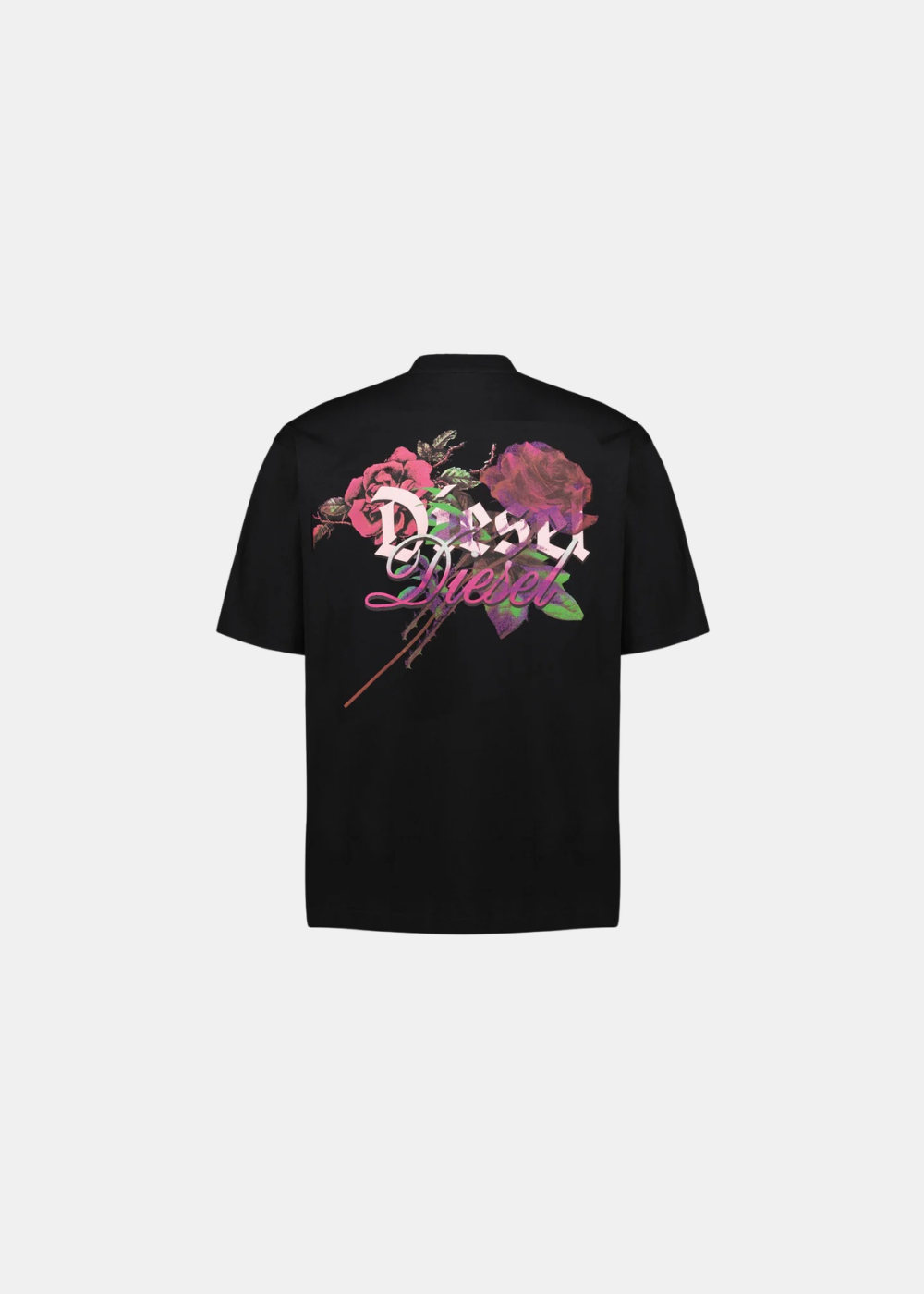 T-shirt Diesel noir avec large graphique roses et logo gothique multicolore au dos, vue de dos.