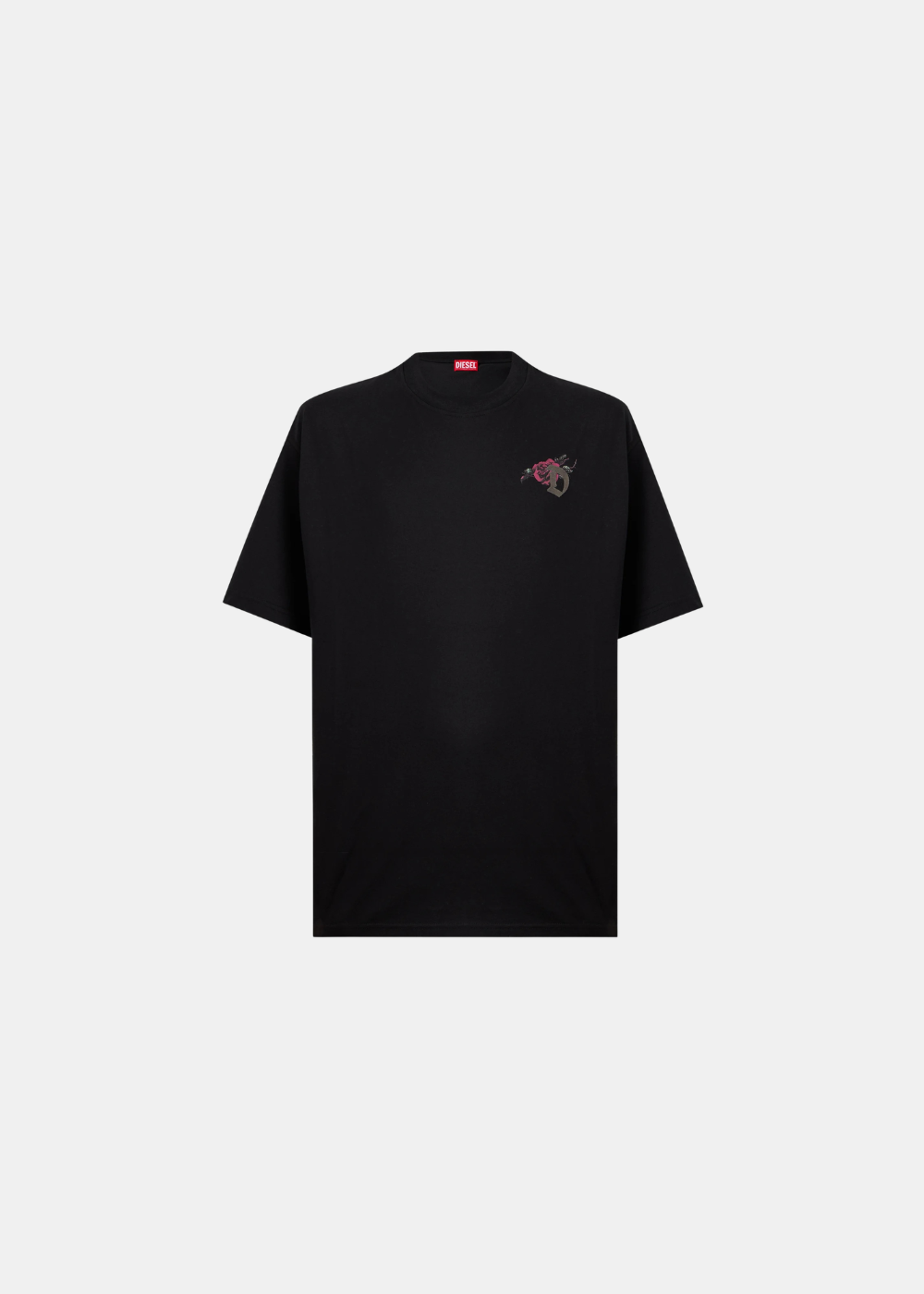 T-shirt Diesel noir à col rond et manches courtes avec motif floral poitrine, vue de face.