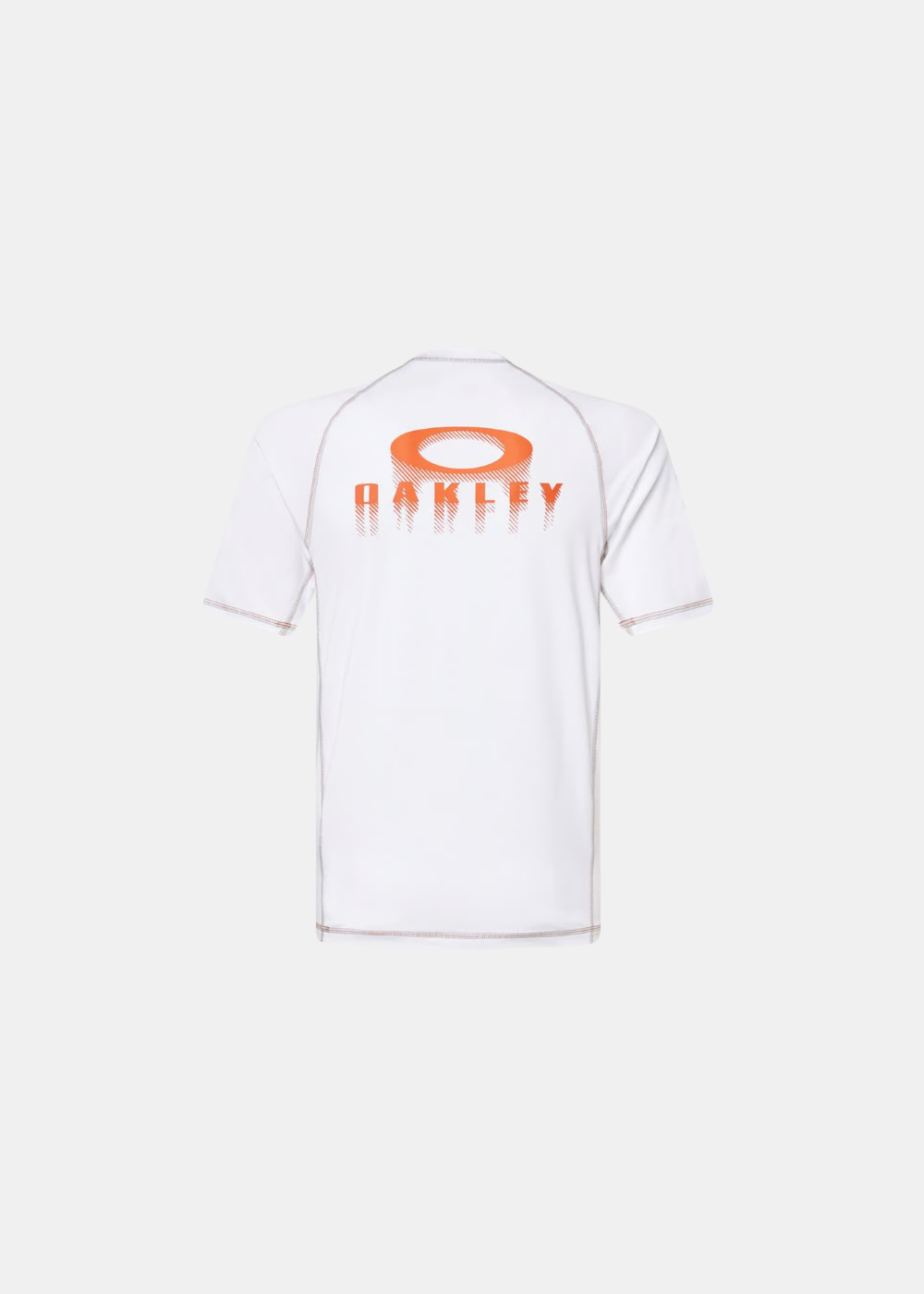 T-shirt de surf Oakley Ventura blanc avec grand logo et lettrage orange imprimés dans le dos.