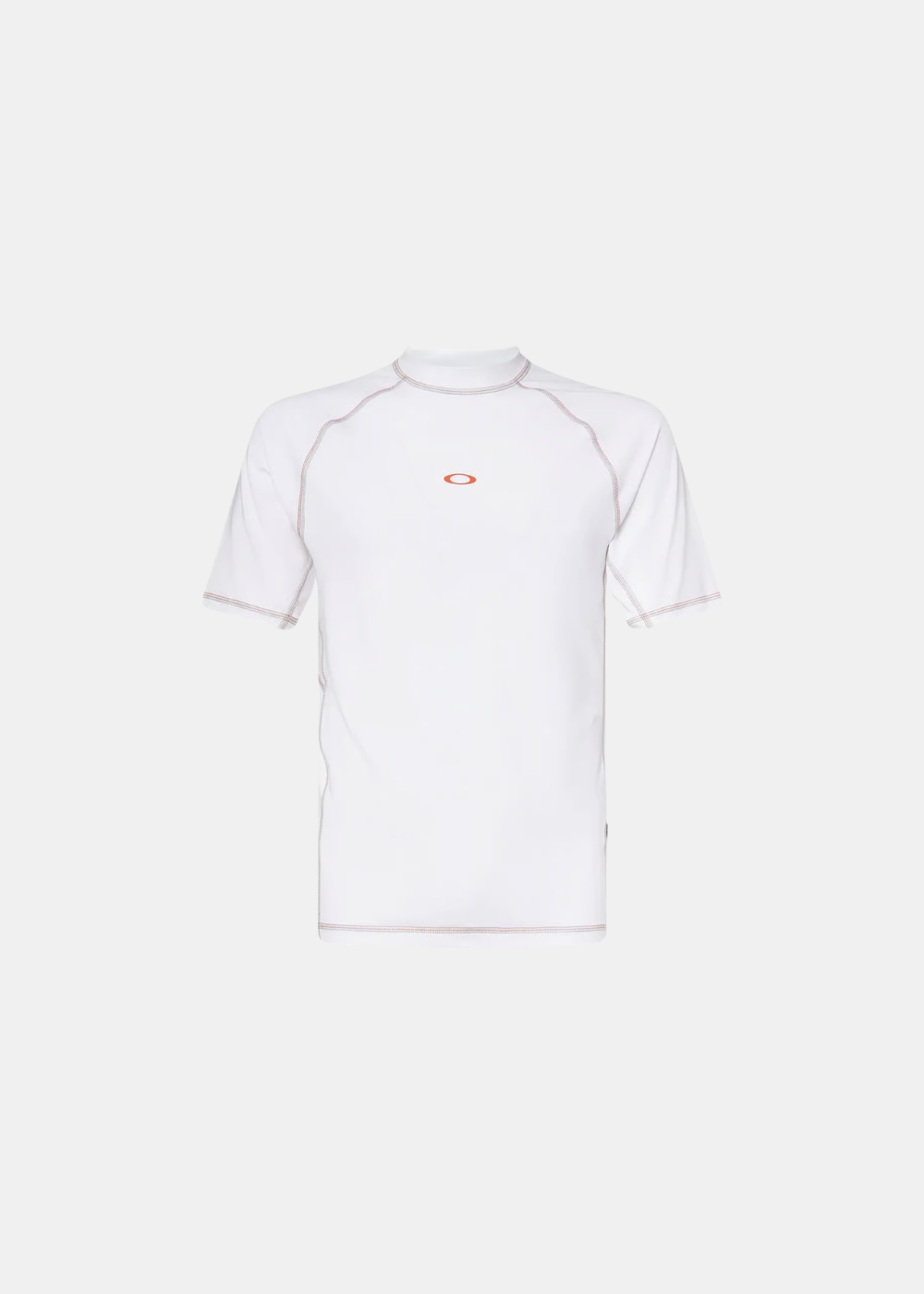 T-shirt de surf Oakley Ventura blanc avec coutures contrastées et petit logo orange, de face.