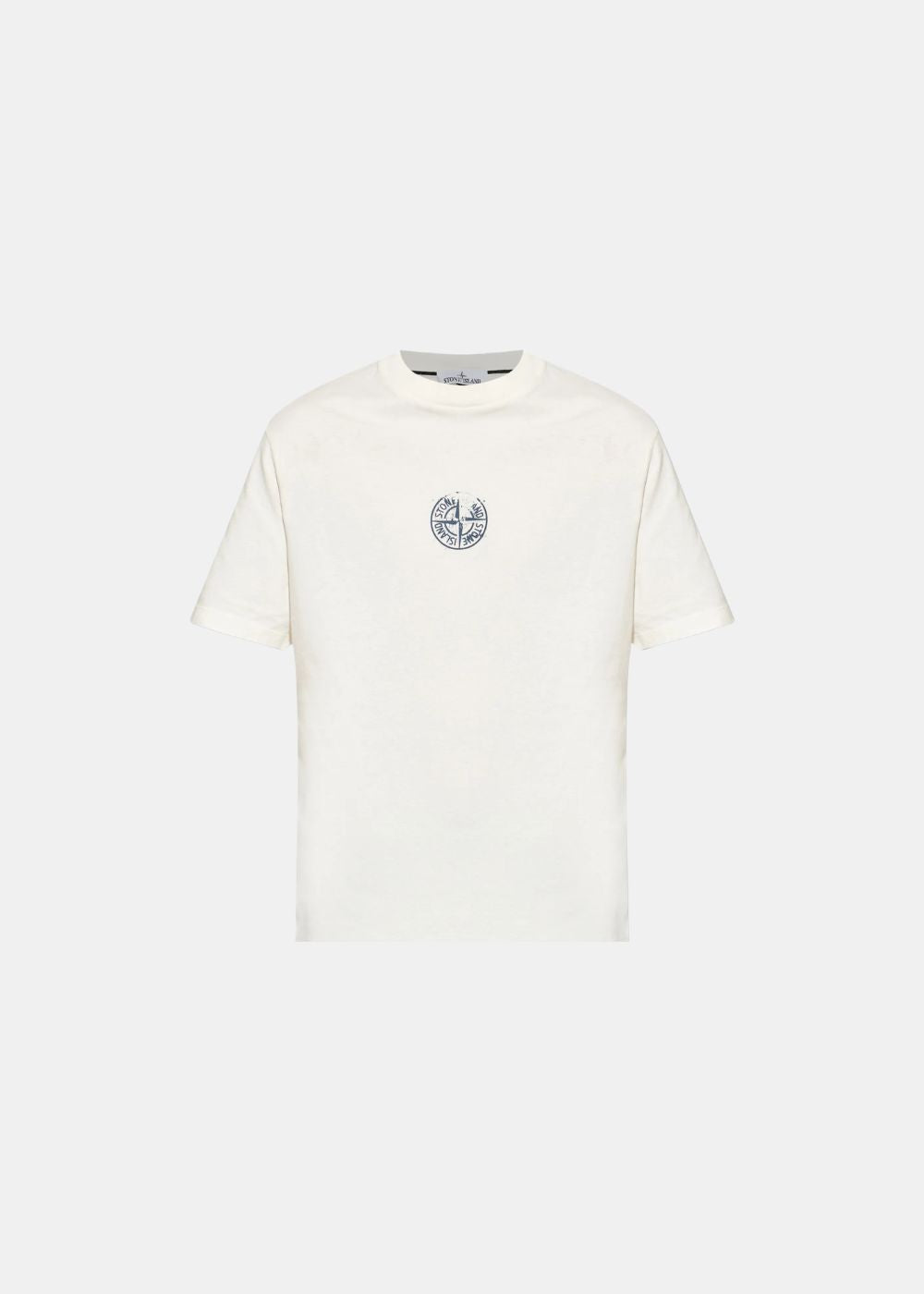 T-shirt blanc Stone Island Compass en coton avec le logo boussole emblématique imprimé en bleu marine au centre de la poitrine, présenté à plat de face.
