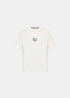 T-shirt blanc Stone Island Compass en coton avec le logo boussole emblématique imprimé en bleu marine au centre de la poitrine, présenté à plat de face.