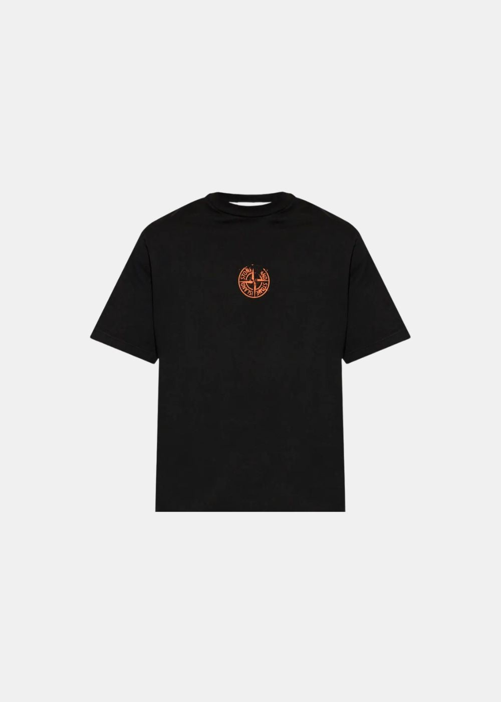 T-shirt noir Stone Island Compass Coordonnées en coton avec le logo boussole emblématique imprimé en orange au centre de la poitrine, présenté à plat de face.