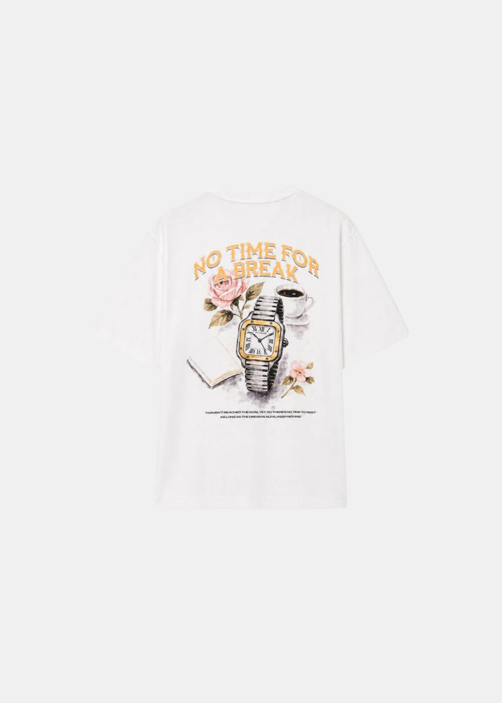 Dos du t-shirt blanc à plat avec grand imprimé montre et texte No Time For A Break