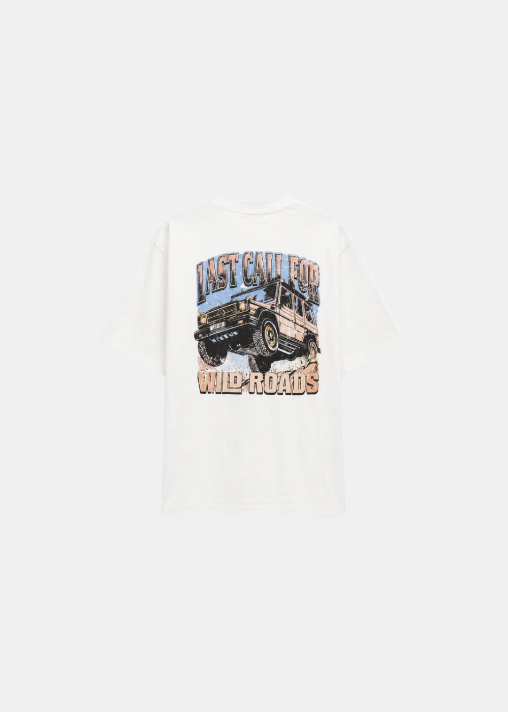 Packshot du dos du t-shirt blanc avec le grand graphique coloré Last Call For Wild Roads