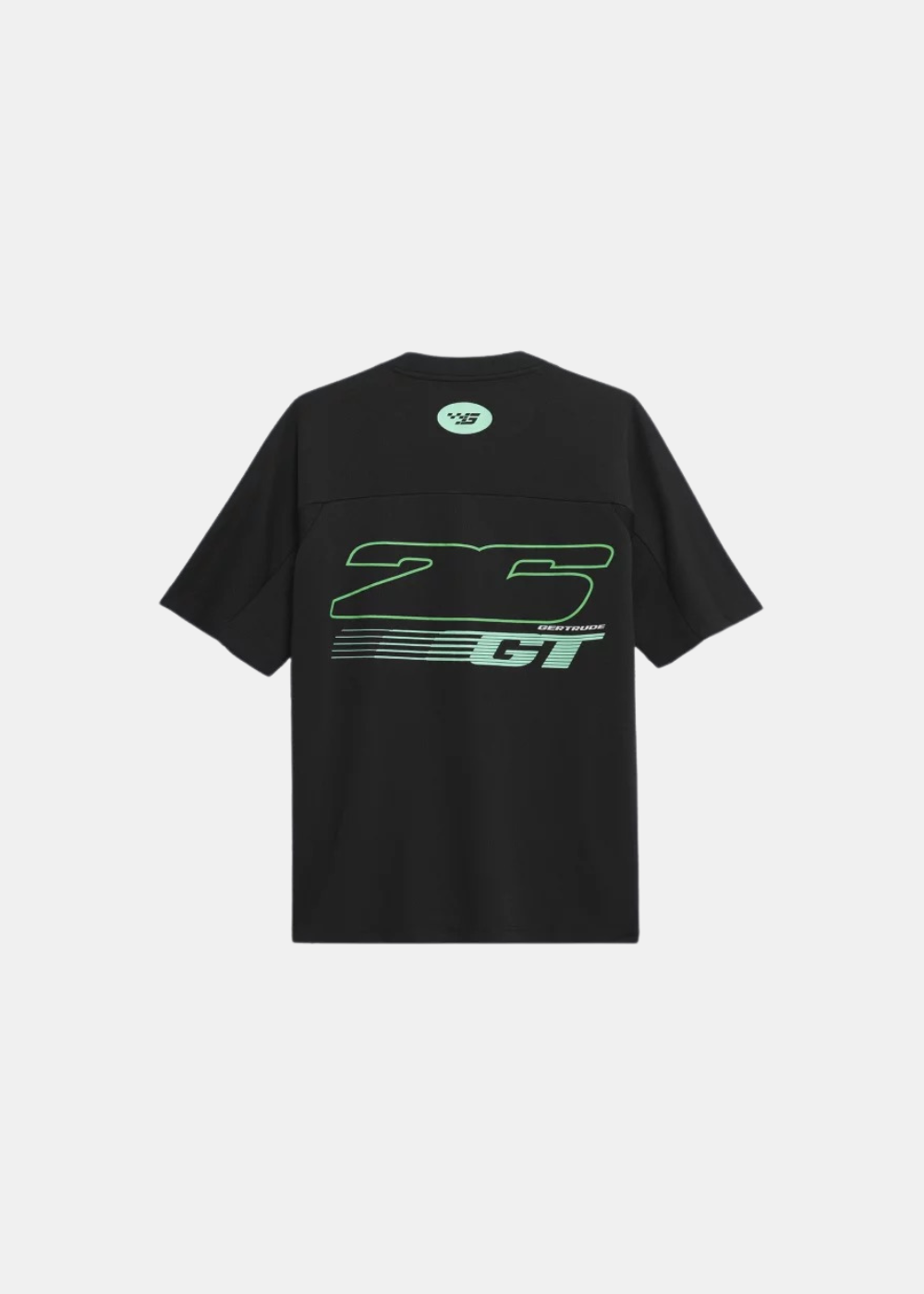 Packshot de dos du t-shirt noir Gertrude Baris avec marquage vert horizontal sur le haut du dos.