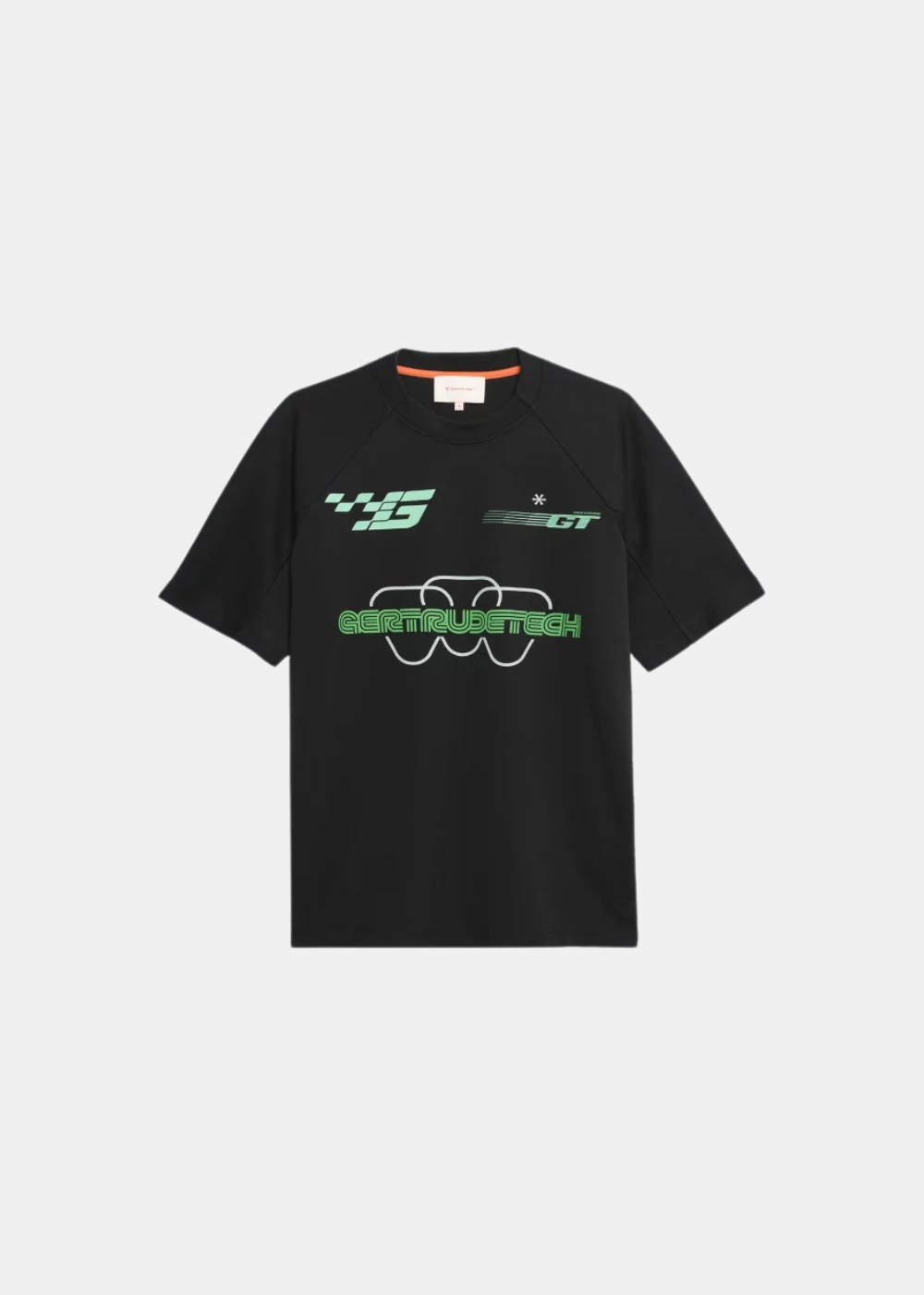 Packshot de face du t-shirt noir Gertrude Baris avec motif graphique vert inspiré du baseball.
