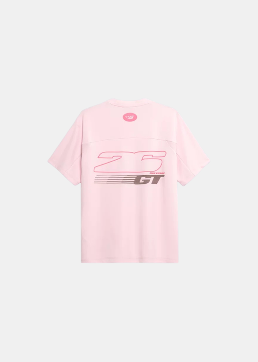 Packshot de dos du t-shirt rose Gertrude Baris avec marquage  horizontal sur le haut du dos.