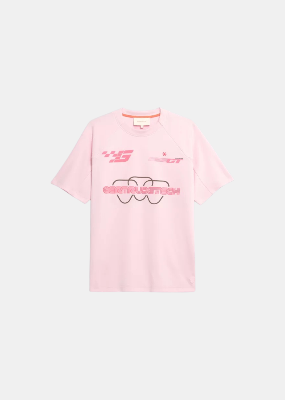 Packshot de face du t-shirt rose Gertrude Baris avec motif graphique vert inspiré du baseball.
