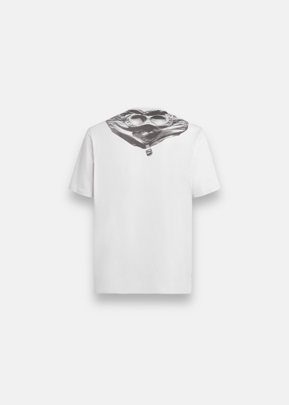 Dos du T-shirt C.P. Company blanc, grand motif Goggle Hood imprimé dans le dos.