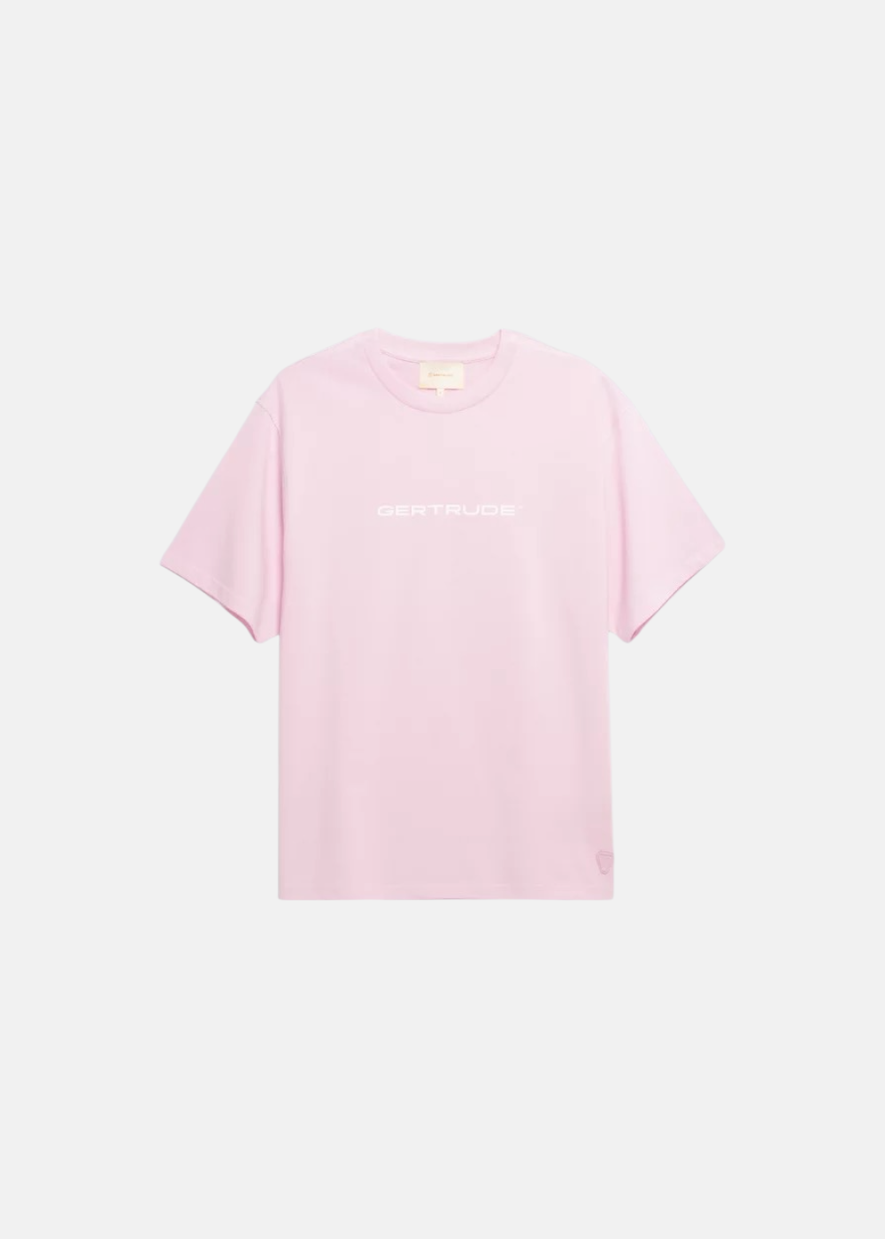 T-shirt Gertrude Leonce en coton rose avec marquage blanc sur la poitrine et coupe droite