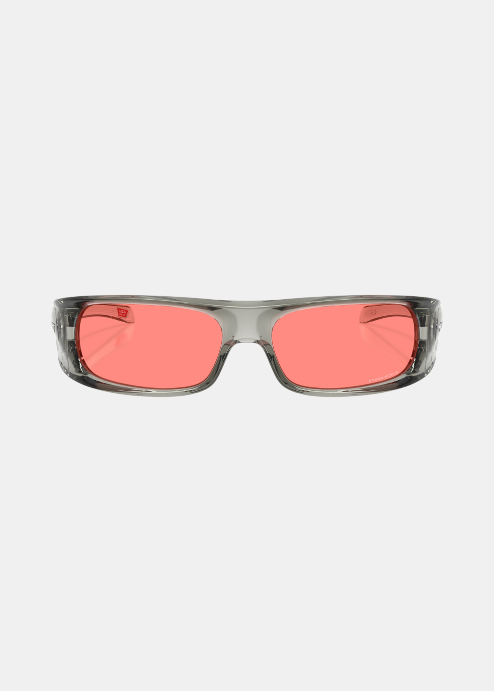 Vue de face des lunettes Oakley Highland gris transparent mettant en avant les verres Prizm Peach rectangulaires.