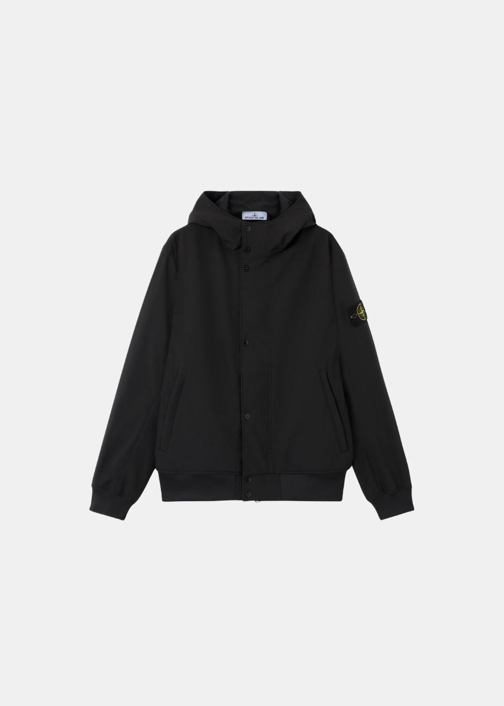 Veste Soft Shell-R Stone Island noire en polyester recyclé avec capuche et fermeture zippée.