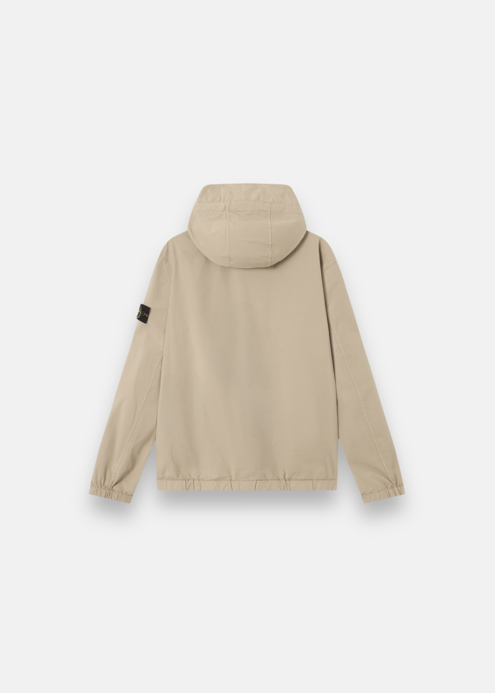 Vue arrière d'une veste à capuche beige Stone Island avec finitions élastiquées au bas et aux poignets